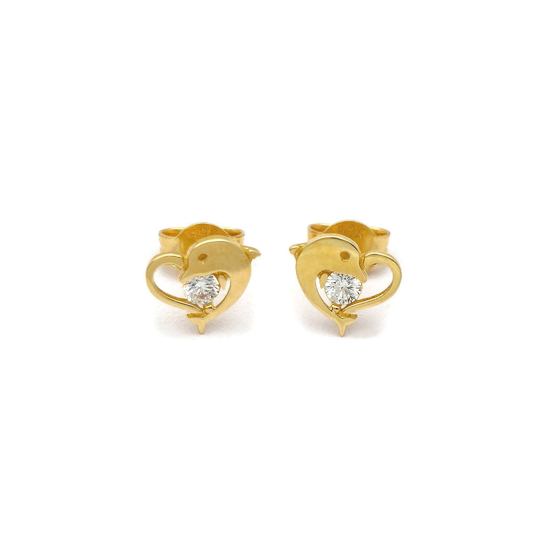 14k CZ Dolphin & Heart Outline Stud Earrings